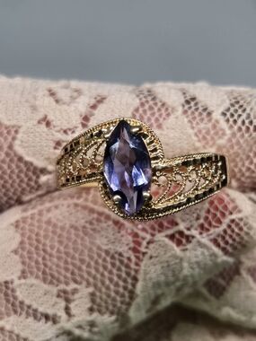 10K Solid Yelliw Gold Filigree Ring with Iolite Marquise Gemstone